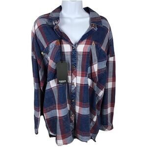 Kensie Flannel‎ Shirt Tunic Plaid Button Front Cotton Women's M Red Blue NEW